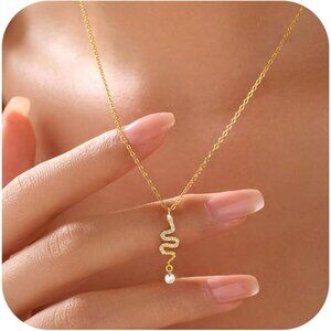 925 Sterling Silver Snake Necklace Gold Plated CZ Dainty Pendant NWT